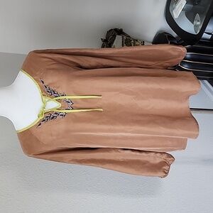 Sigrid Olsen Signature 100% Silk Brown with Embroidery Peasant Blouse